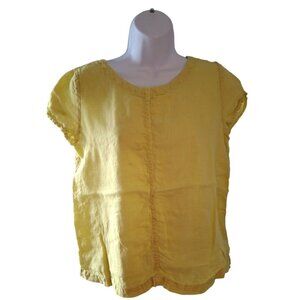 C&C California Linen Button Down Round Neck Blouse Womens Small Yellow